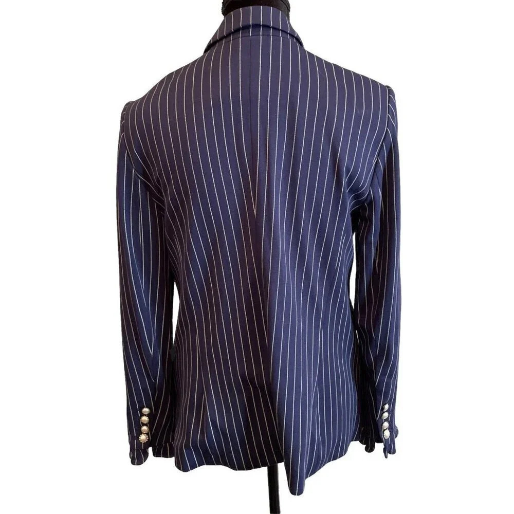 Chicos Women’s‎ 1 US 8/10 Blazer Jacket Blue White Stripe Faux Pearl Buttons - Picture 2 of 11